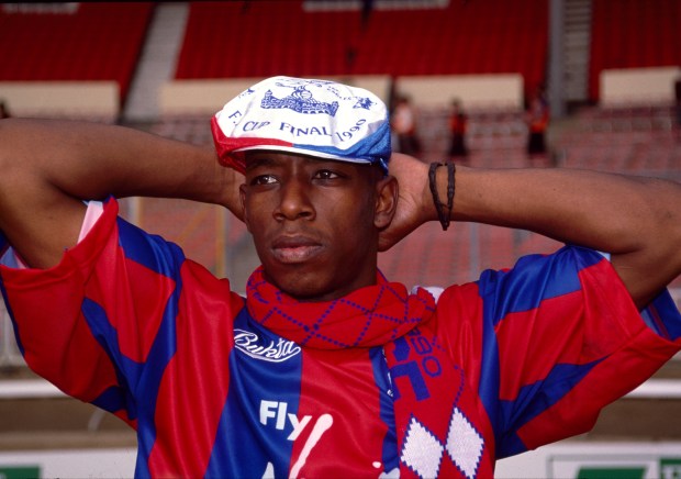Ian Wright in a Crystal Palace hat and scarf after scoring two goals in the FA Cup Final.
