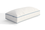 White rectangular pillow with blue trim.
