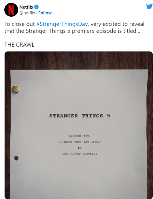Netflix's official Twitter account shared a snap of the first page of the script for season 5 episode 1