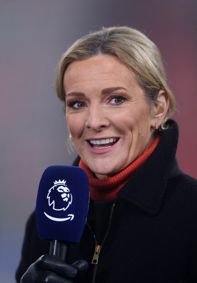 Gabby Logan holding a Premier League microphone.