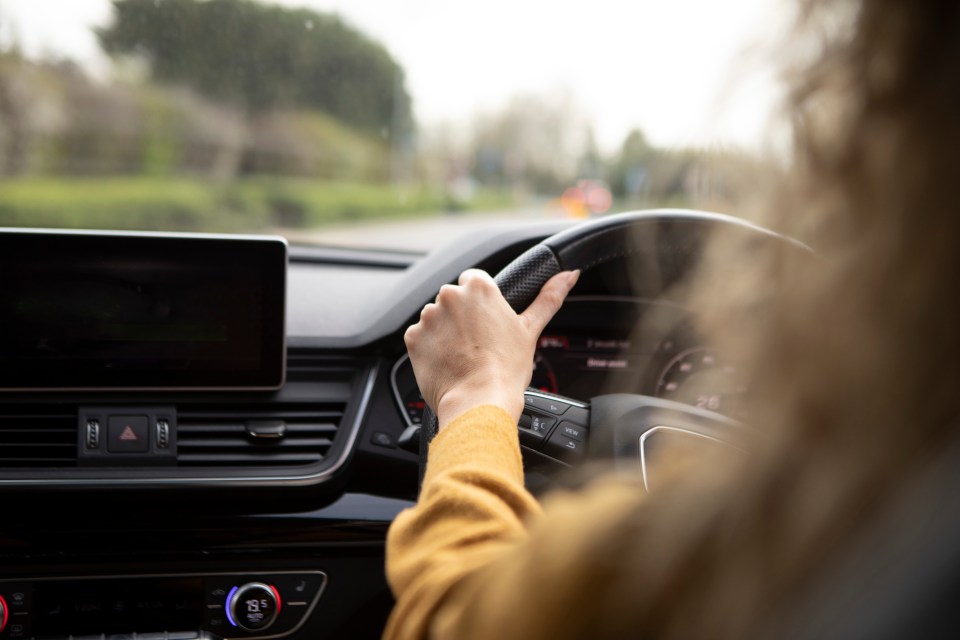 A businesswoman driving a car.