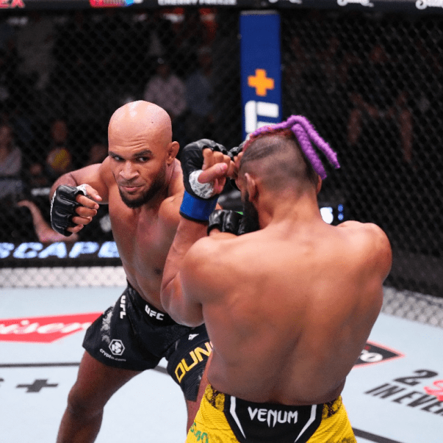 Two mixed martial arts fighters facing off in the octagon.