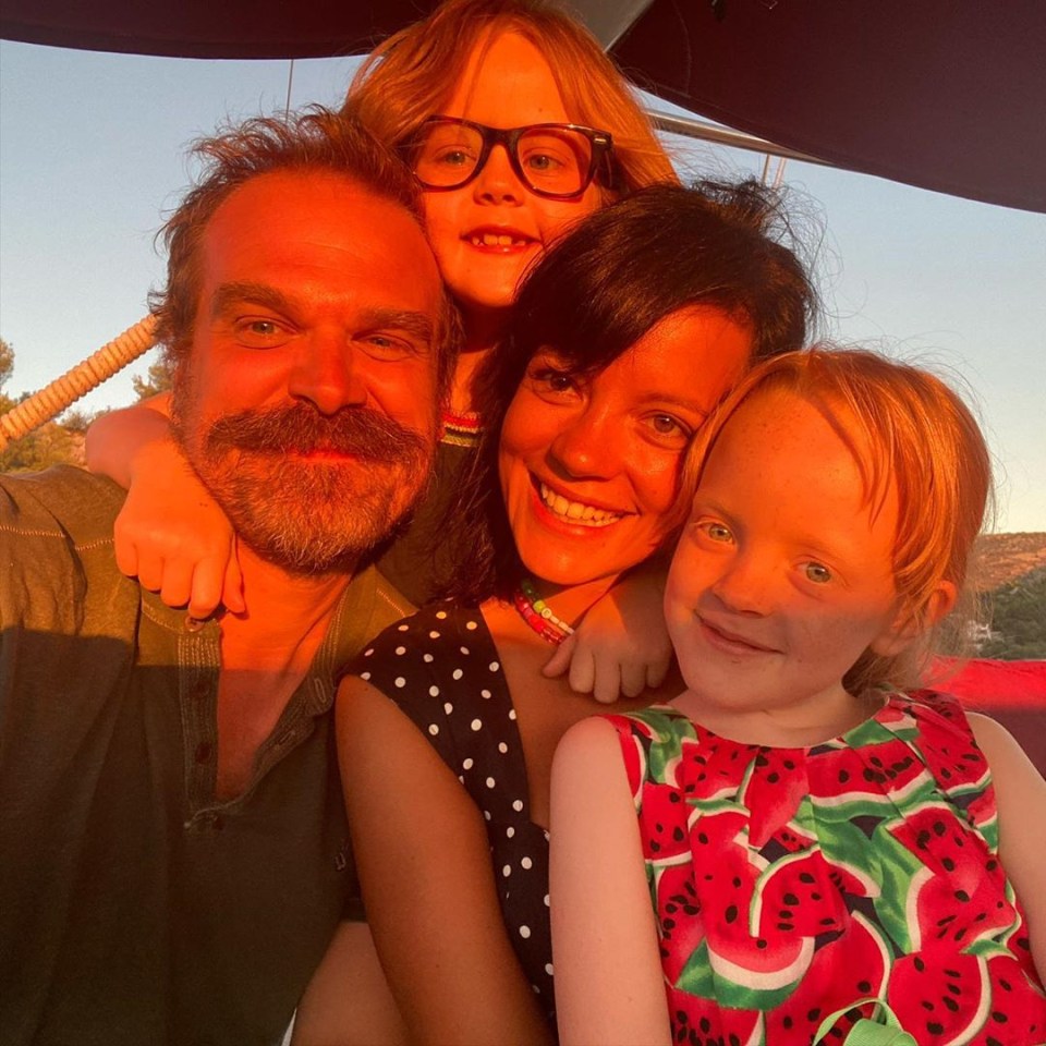 Lily Allen, David Harbour, and their children on a family vacation.