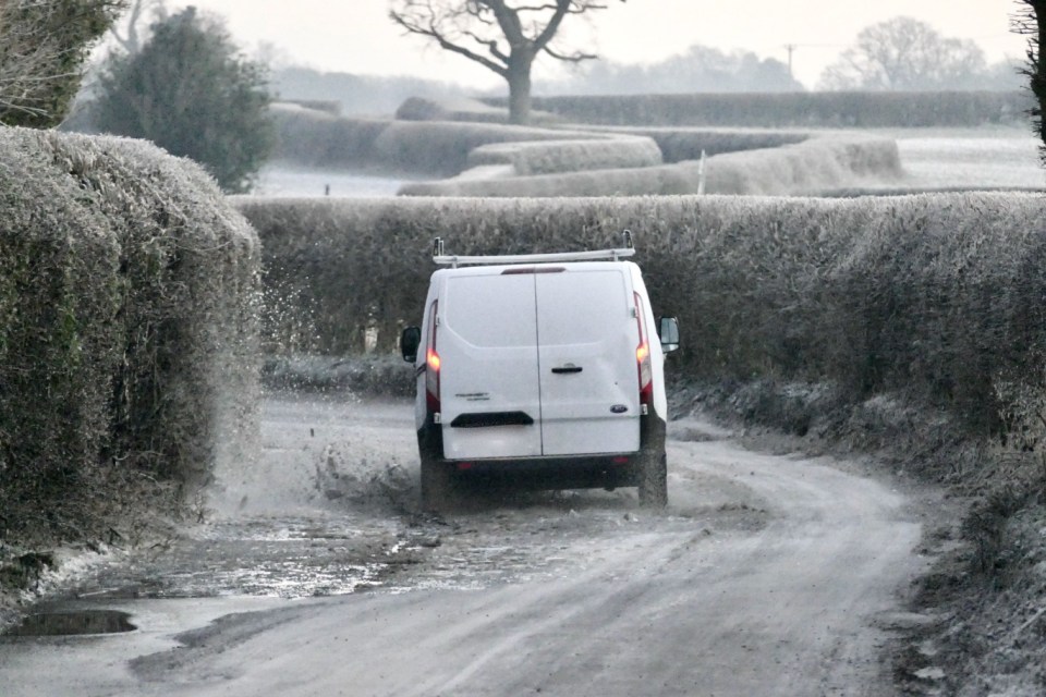 Mandatory Credit: Photo by Geoffrey Swaine/REX/Shutterstock (15095905b) Vehicles drive down an iced up country lane. Seasonal weather, Dunsden, Oxfordshire, UK - 11 Jan 2025