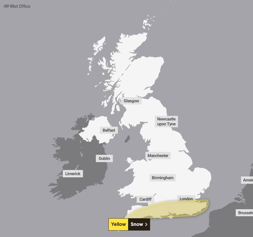 Met Office weather warning: yellow snow warning for southern England.