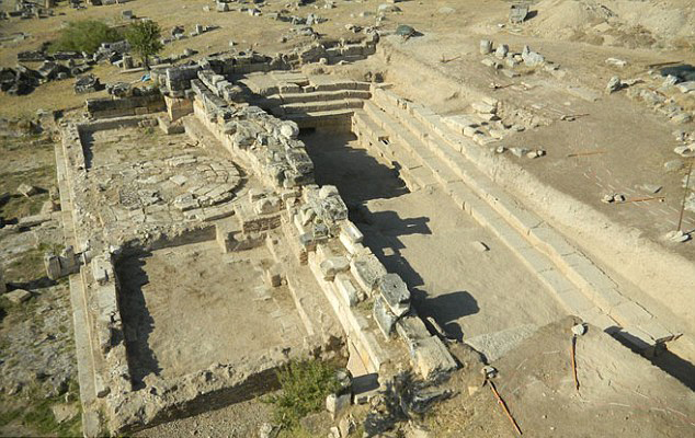 Aerial view of the ruins of the Plutonium in Hierapolis, Turkey.