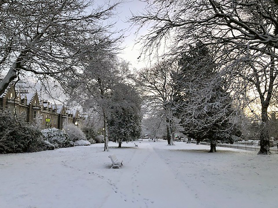 Snow-covered park in Aberdeen, Scotland.