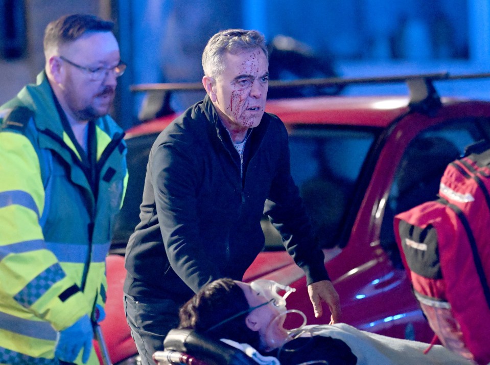 Minnie Driver and James Nesbitt filming a scene for the Netflix series *Run Away*.