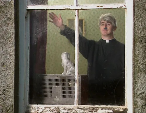 A priest in disguise looking out a window.
