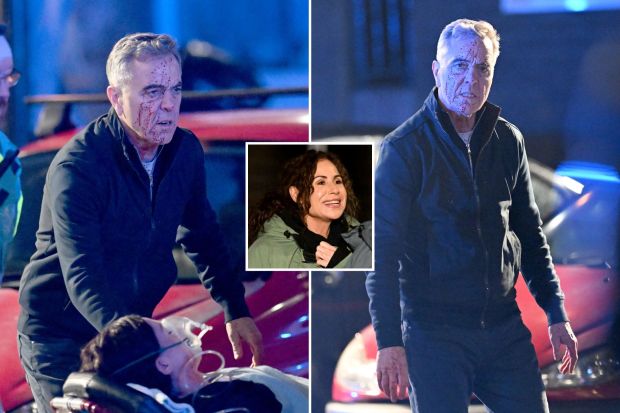 An image collage containing 3 images, Image 1 shows Minnie Driver and James Nesbitt filming a scene for the Netflix series *Run Away*, Image 2 shows James Nesbitt on the set of Run Away, a Harlan Coben drama for Netflix, Image 3 shows Minnie Driver on the set of the Netflix series *Run Away*