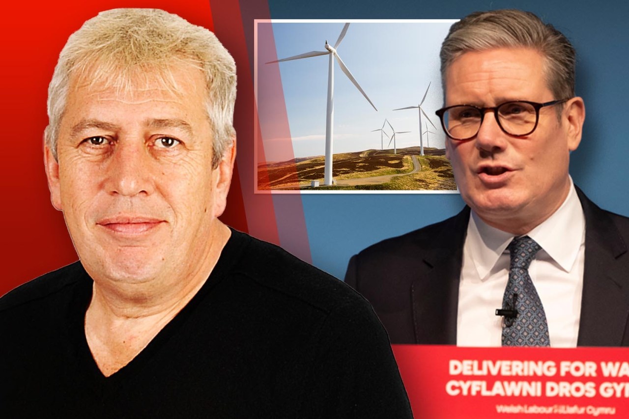 Rod Liddle and Keir Starmer pictured with wind turbines.