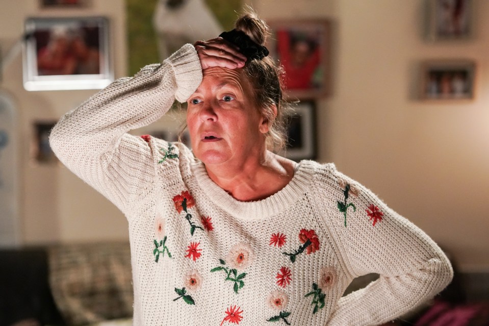 Karen Taylor from EastEnders looking stressed.