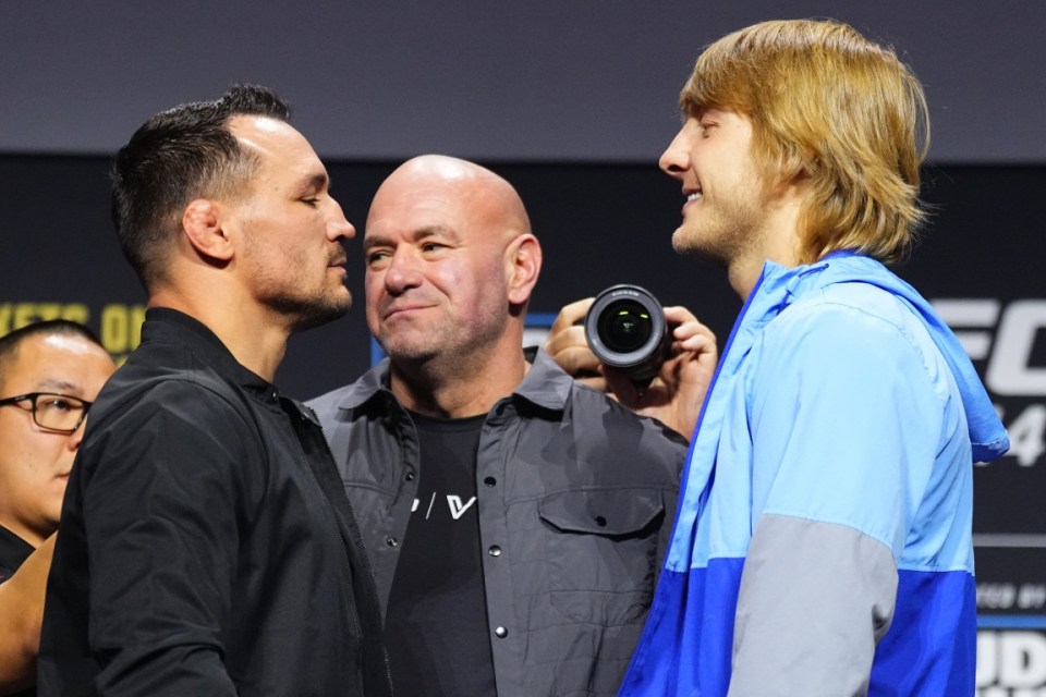 LAS VEGAS, NEVADA - MARCH 07: (L-R) Opponents Michael Chandler and Paddy Pimblett during the UFC 314 press conference at Michelob ULTRA Arena on March 07, 2025 in Las Vegas, Nevada. (Photo by Jeff Bottari/Zuffa LLC)