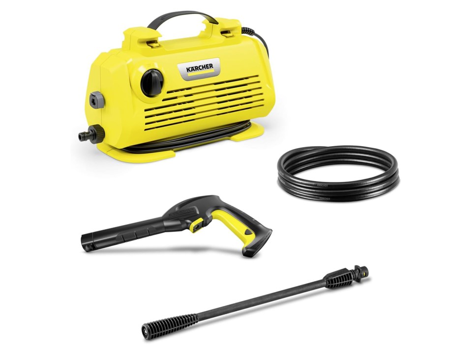 Karcher K2 pressure washer with hose, spray gun, and wand.