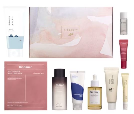 K-beauty box with skincare products.