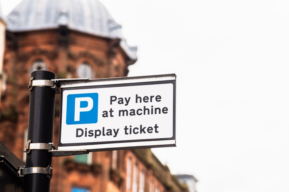 Parking sign: Pay here at machine, display ticket.