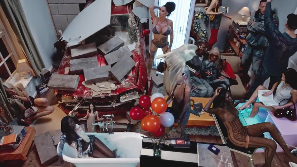 Collage of people in a chaotic living room with a crashed car.