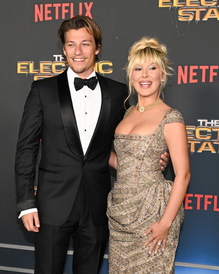 Jake Bongiovi and Millie Bobby Brown at the premiere of "The Electric State."