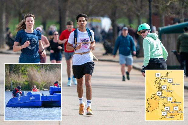 An image collage containing 3 images, Image 1 shows People jogging and rollerblading in a park, Image 2 shows People enjoying a pedal boat ride on a lake in a park, Image 3 shows UK temperature forecast map showing temperatures at 17:00