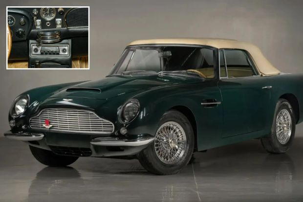 An image collage containing 2 images, Image 1 shows Dark green Aston Martin DB Short-Chassis Volante convertible, Image 2 shows Dashboard of a classic Aston Martin DB Short-Chassis Volante with Motorola radio