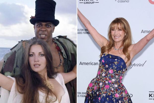 An image collage containing 2 images, Image 1 shows Still from *Live and Let Die* showing Jane Seymour and Geoffrey Holder, Image 2 shows Jane Seymour at the Elton John AIDS Foundation's Academy Awards Viewing Party