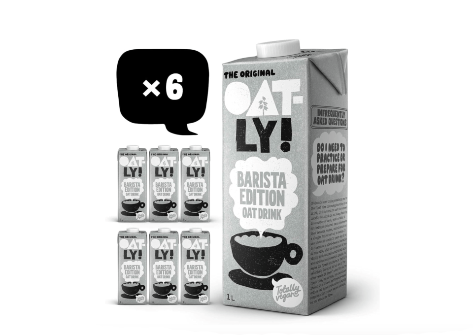 Six 1-liter cartons of Oatly Barista Edition oat drink.