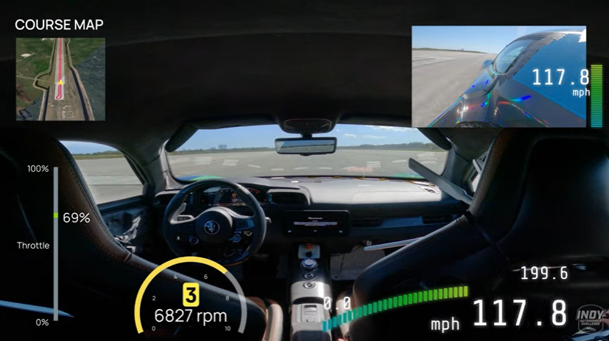 Dashboard view of an AI robot car driving at 117.8 mph.