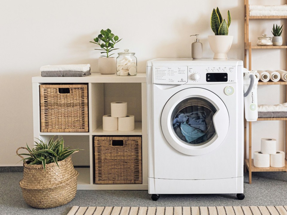 Washing machine in a laundry room.