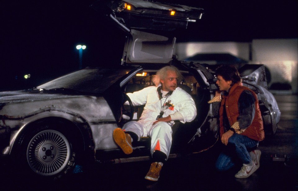 Scene from Back to the Future with Christopher Lloyd and Michael J. Fox.