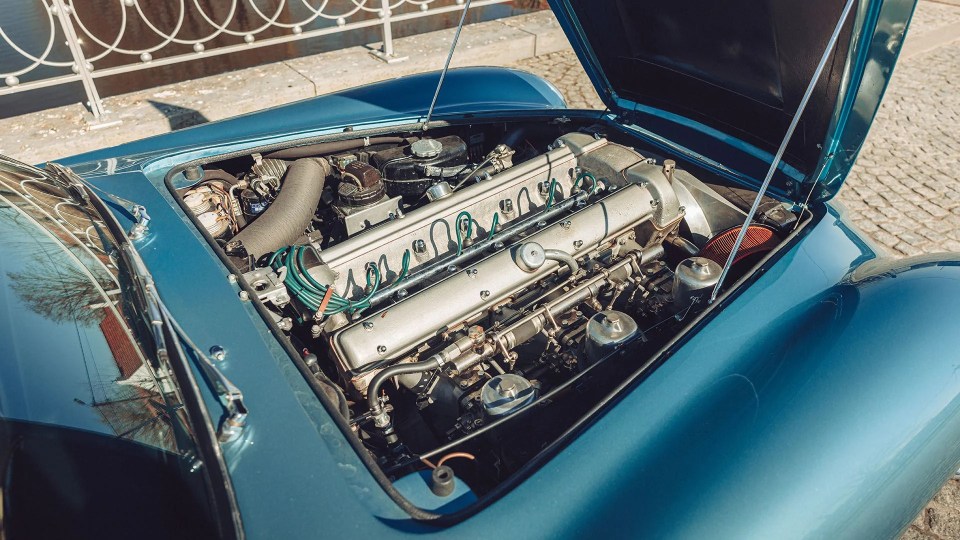 Close-up of a restored 1964 Aston Martin DB5 engine.