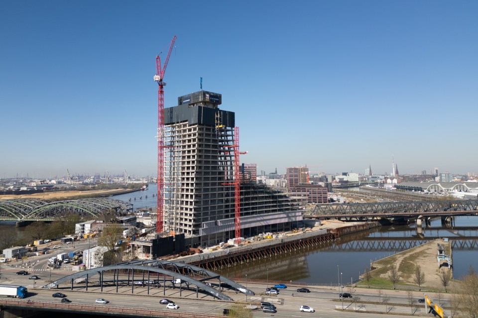 Aerial view of the Elbtower high-rise under construction in Hamburg, Germany.