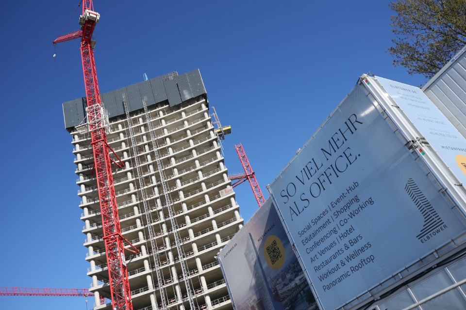 Construction of the Elbtower in Hamburg, Germany, halted after bankruptcy.