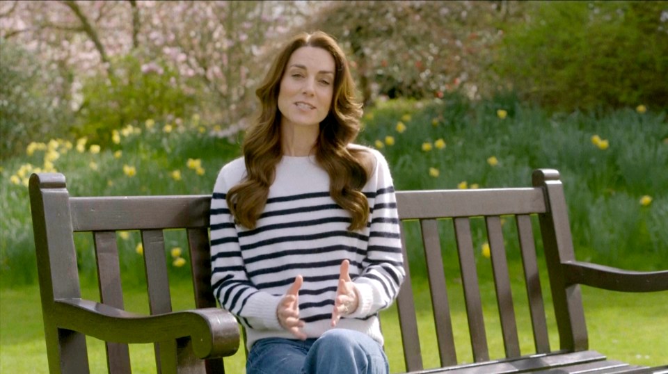 Princess Kate sitting on a park bench, announcing her cancer diagnosis.