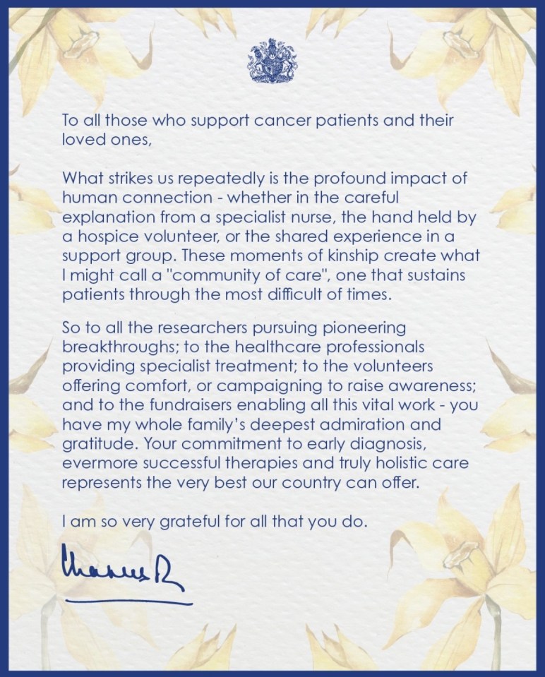 Message from King Charles III thanking those who support cancer patients and their loved ones.