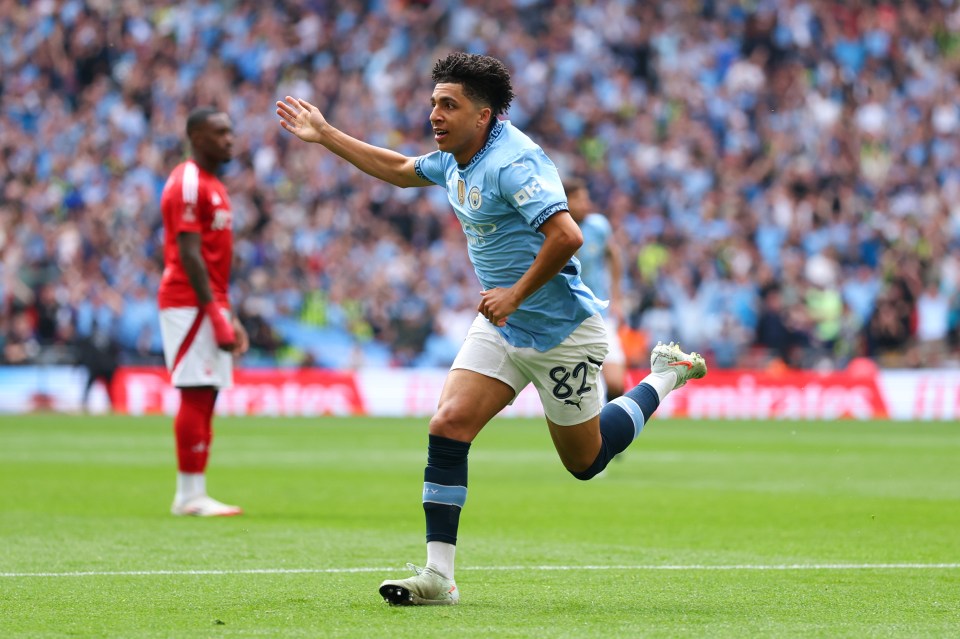 LONDON, ENGLAND - APRIL 27: Rico Lewis of Manchester City celebrates scoring the opening goal during the Emirates FA Cup Semi Final match between Nottingham Forest and Manchester City at Wembley Stadium on April 27, 2025 in London, England. (Photo by Marc Atkins/Getty Images)