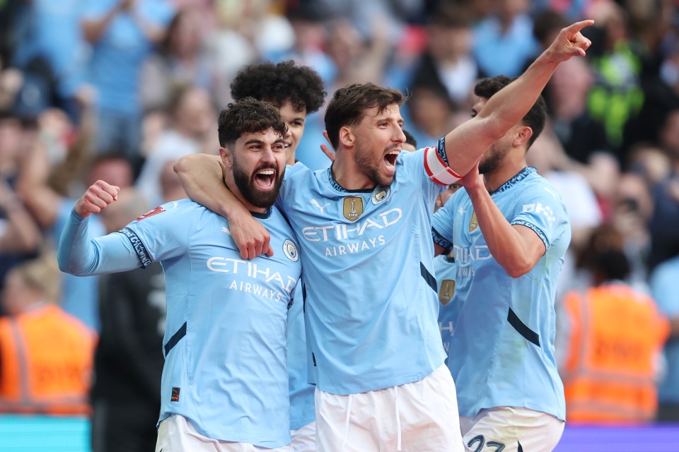 LONDON, ENGLAND - APRIL 27: Josko Gvardiol of Manchester City (L) celebrates with Ruben Dias of Manchester City (C) after scoring their 2nd goal during the Emirates FA Cup Semi Final match between Nottingham Forest and Manchester City at Wembley Stadium on April 27, 2025 in London, England. (Photo by Charlotte Wilson/Offside/Offside via Getty Images)