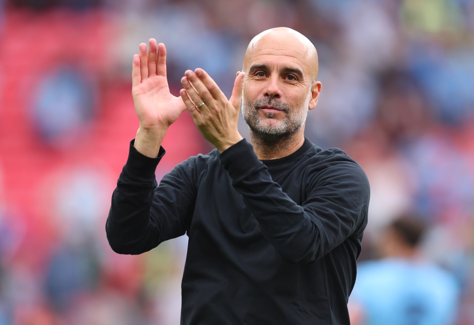 LONDON, ENGLAND - APRIL 27: Pep Guardiola, Manager of Manchester City celebrates after the Emirates FA Cup Semi Final match between Nottingham Forest and Manchester City at Wembley Stadium on April 27, 2025 in London, England. (Photo by Ed Sykes/Sportsphoto/Allstar via Getty Images)