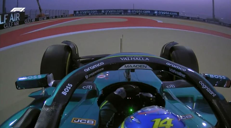 Formula 1 race car cockpit view.