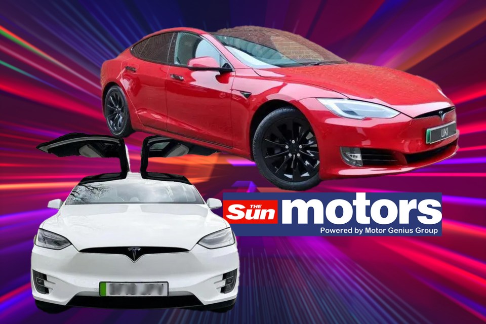 Two Tesla cars, a red Model S and a white Model X, with the Sun Motors logo.