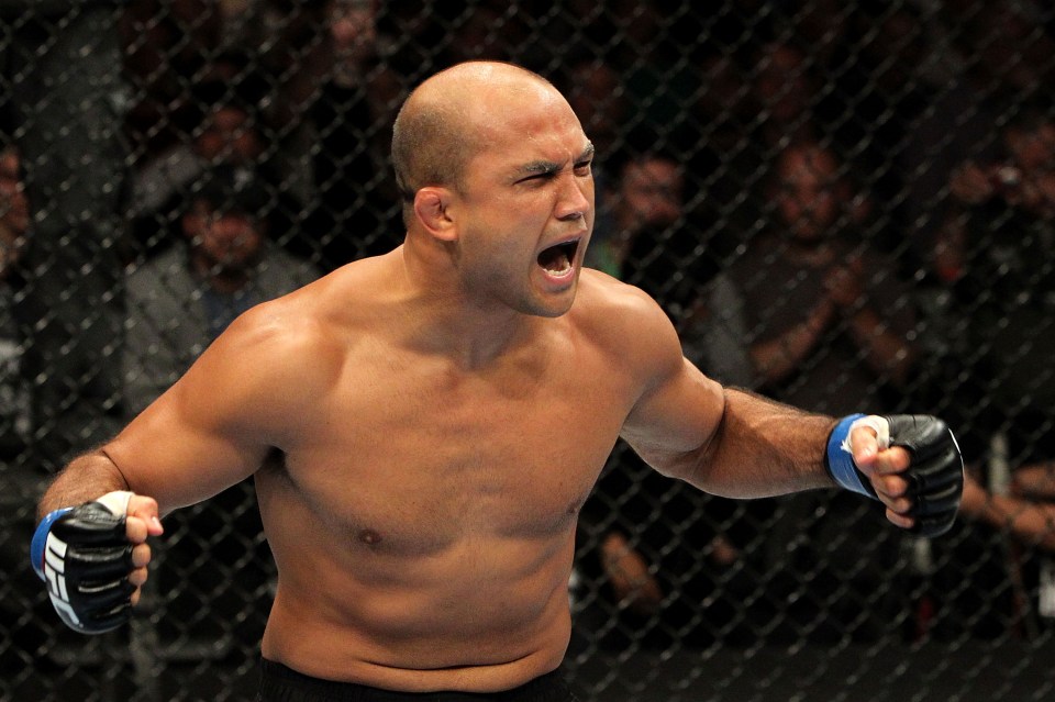 BJ Penn celebrates a victory in a UFC match.
