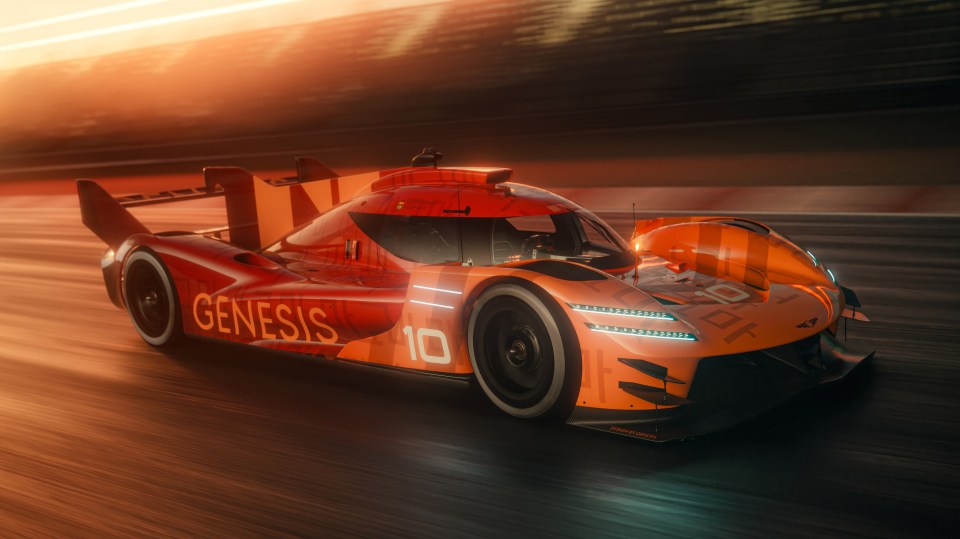 Orange Genesis race car speeding on a track at sunset.