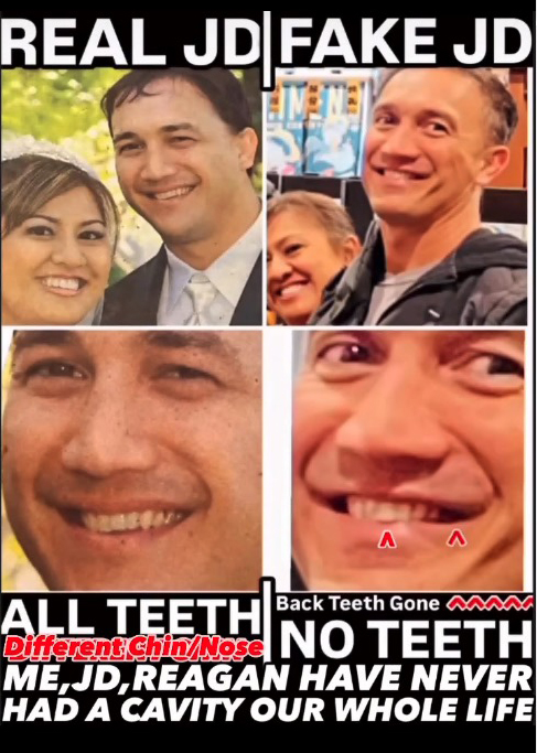 Collage comparing two men's facial features, suggesting one is an imposter.