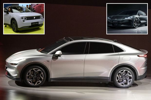 An image collage containing 3 images, Image 1 shows Silver ONVO L60 electric SUV, Image 2 shows Woman sitting in a light gray Firefly electric car at the Auto Shanghai trade fair, Image 3 shows Denza Z9 GT electric vehicle