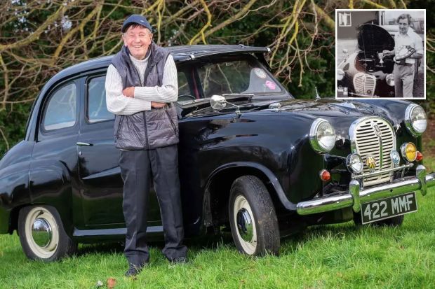 An image collage containing 2 images, Image 1 shows A man standing proudly beside his classic black Austin A35 car, Image 2 shows Black and white photo of a man holding trophies and standing in front of his classic car