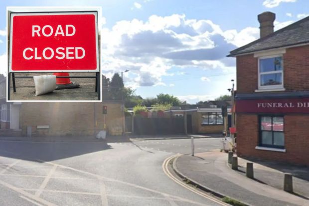 An image collage containing 2 images, Image 1 shows Street view of a road intersection in Maidstone, Kent, with houses and a funeral director's, Image 2 shows Road closed sign with traffic cones