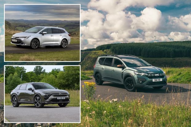 An image collage containing 3 images, Image 1 shows Dacia Jogger parked on a road overlooking a valley, Image 2 shows Silver Toyota Corolla Sports Touring estate on a road overlooking a valley, Image 3 shows Citroën C5 X PHEV parked on a road