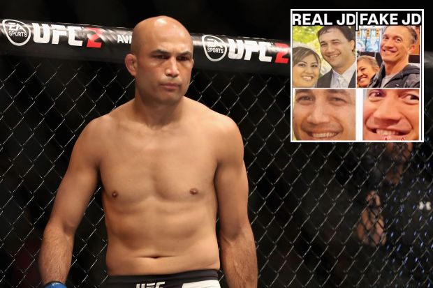 An image collage containing 2 images, Image 1 shows BJ Penn preparing for a UFC fight, Image 2 shows Collage comparing two men's facial features, suggesting one is an imposter