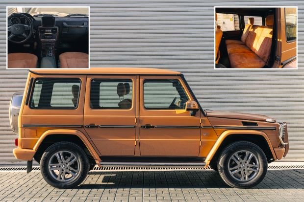 An image collage containing 3 images, Image 1 shows Terracotta Mercedes-Benz G 500 SUV parked outdoors, Image 2 shows Interior view of a Mercedes-Benz G 500, Image 3 shows Interior of a terracotta-colored Mercedes-Benz G 500, showing the back seats
