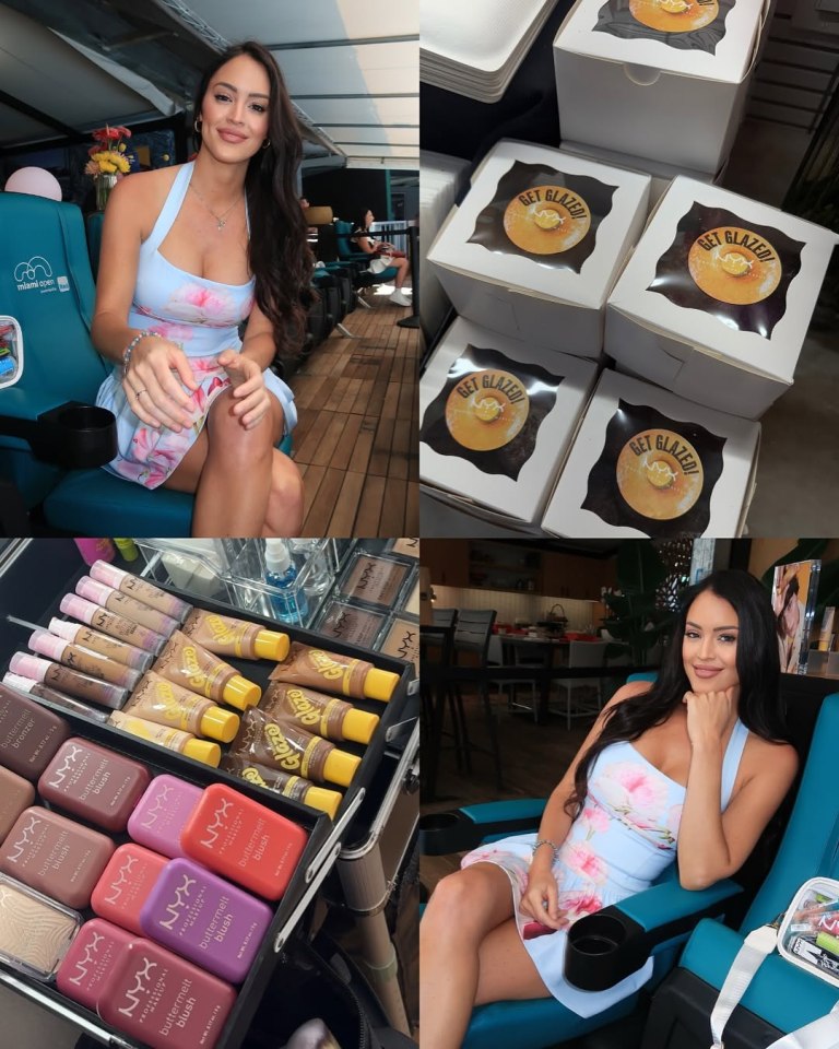 Collage of a woman in a floral dress, makeup products, and boxes of donuts.