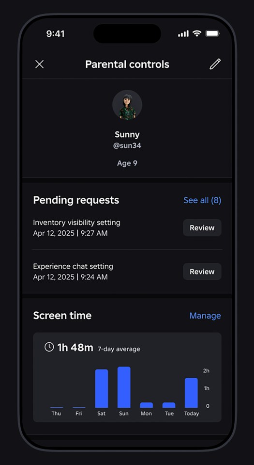 Roblox parental controls screen showing pending requests and screen time.